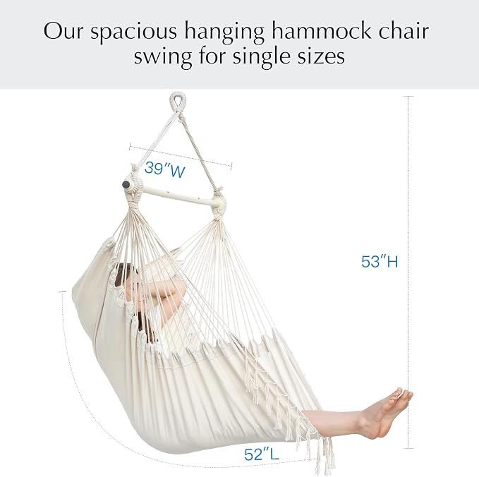 PNAEUT Hammock Chair with Tassel Hanging Rope Swing for Outside Indoor for Bedroom, Outdoor, Patio (Natural with Tassels)