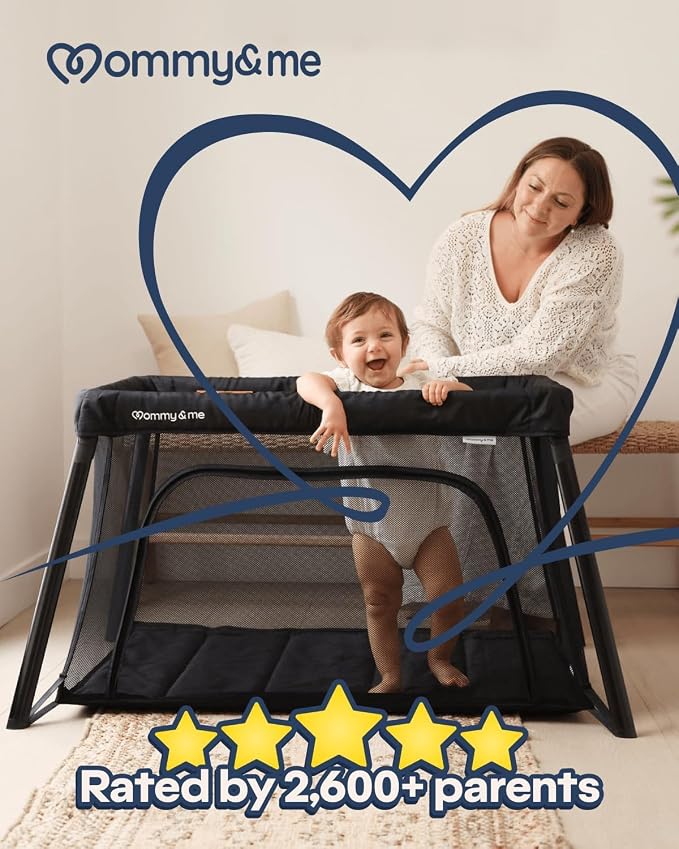 Mommy&Me Travel Crib for Baby and Toddler, Black | Lightweight 14 lb, Portable Playard, Folds in Seconds with Carry Bag, Breathable Mesh Sides, Easy Side-Zip Access