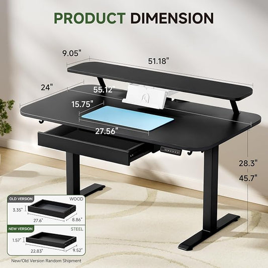 GTPLAYER Electric Standing Desk with Drawers, 55 x 24 Inches Height Adjustable Computer Desk with Monitor Stand, Laptop Stand, Sit Stand up Desk with Memory Preset for Home, Office, Black
