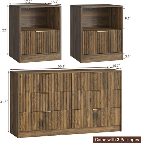 6 Drawer Dresser & Nightstand Set 3-Piece, 55” Wide Bedroom Set Night Stand Set of 2 with Metal Handle, Fluted Modern Wood Chest of Drawers Storage Dressers Set for Bedroom, Walnut