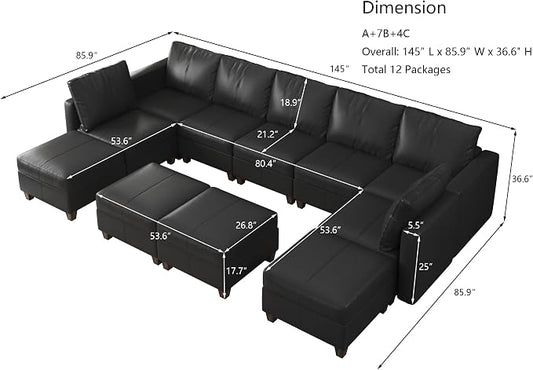 EASE MOOSE Faux Leather Sectional, Large Modular Sofa Couch U Shaped Sectional Couch with Storage Ottomans, Black