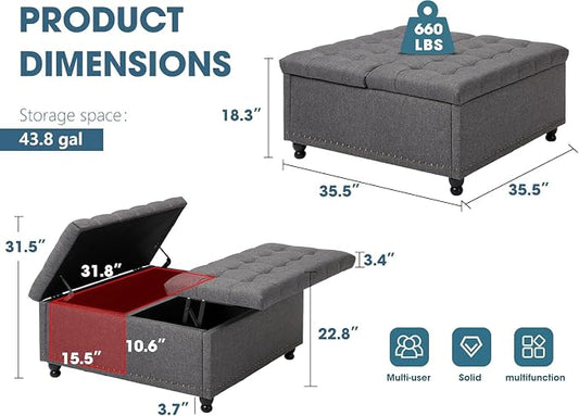 36" Large Square Ottoman with Storage, Tufted Upholstered Storage Ottoman with Lift Top & Solid Legs for Bedroom Room, Extra Large Coffee Tables Bench for Living Room as Footstool (Grey)