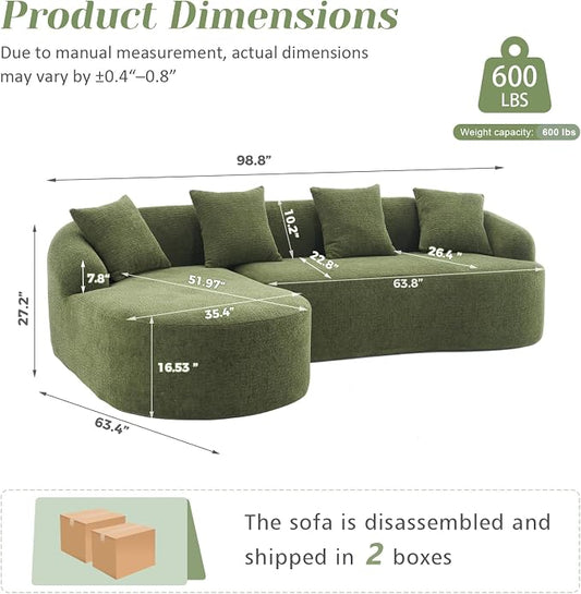 99" Curved Sofa with L-Shape Chaise,Modern Cloud Curved Couch with Deep Seat,No Assembly Required,Upholstered Oversized Couches for Living Room,Apartment (Green, 99Inch)