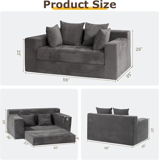 cidludto Convertible Sofa Bed, 3 in 1 Loveseat Folding Couch Bed Foldable - Boneless Couch & Floor Futon, Corduroy Pull Out Sofa Bed with 4 Pillows for Living Room, Grey