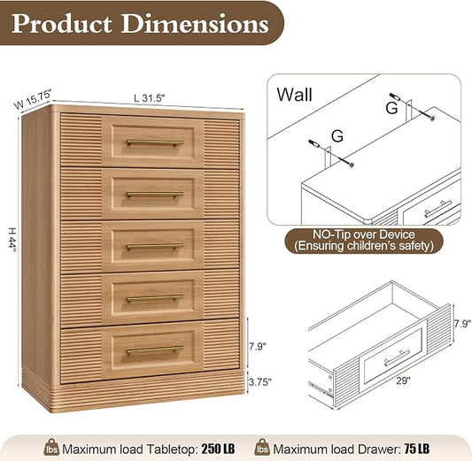 RECHHX Farmhouse 5 Drawers Dresser for Bedroom, 44" Tall Modern Chest of Drawers, Wooden Thermoformed Curved Dresser Organizer for Bedroom, Living Room, Natural Oak