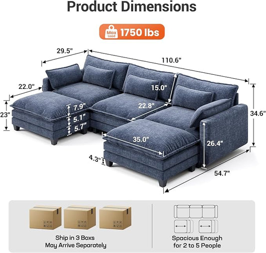 Pipishell 110.6" Modular Sectional Sofa, U Shaped Cloud Couch with Movable Ottoman, 5-Seat Chenille Deep Seat Cloud Modular Sectional Sofa with Throw Pillows for Living Room & Apartment, Blue