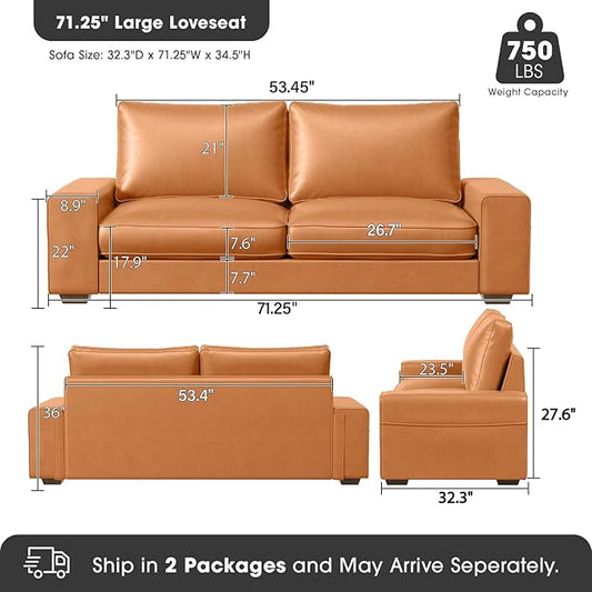 Valthie Faux Leather Couch, Mid Century Modern Comfy Loveseat Sofa with Wide Arm, Side Pockets, Solid Wooden Frame for Office, Living Room and Bedroom, 2 Seater (Brown, 71.25 Inches)