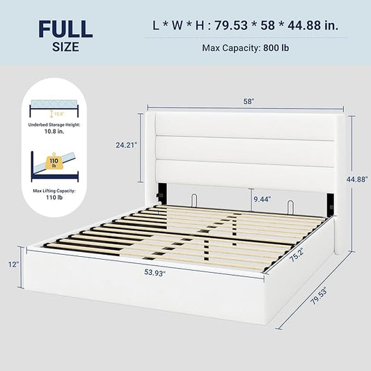 Allewie Full Size Velvet Lift Up Storage Bed, Modern Wingback Headboard, Hydraulic Support, No Box Spring Needed, White