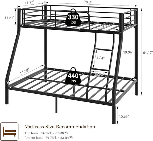 Metal Twin Over Full Bunk Bed丨 Bunk Beds Twin Over Full Size with Ladder | Heavy Duty Bunk Bed for Adults, Metal Bunk Bed for Dorm, Bedroom, Apartment, 440 lbs Capacity,No Box Spring Needed (Black)