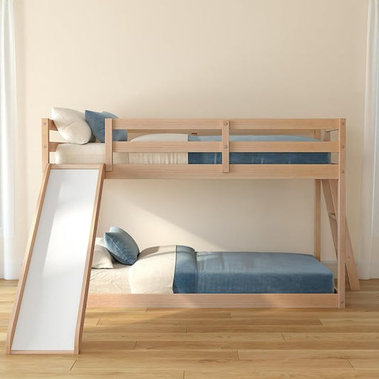 Grain & Grove Bear Twin Over Twin Bunk Bed with Slide, Low Bunk Bed Frame for Kids, Bunk with Ladder, Guardrail, and Slats, No Box Spring Required, Oak Embossed Natural