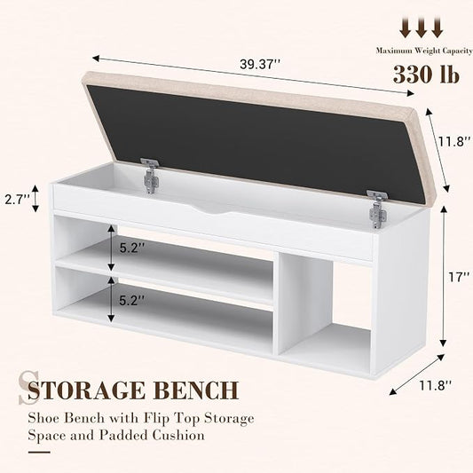 Apicizon 39 Inches Storage Bench with Padded Cushion, Shoe Bench with Storage Space, Upholstered Entryway Bench for Living Room, 2-Tier Shoe Rack Organizer, White
