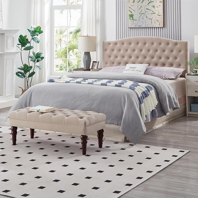 24KF Velvet Upholstered Buttons Tufted Entryway Bench with Solid Wood Leg,Bed Bench Ottoman with Padded Seat,5061N-Taupe