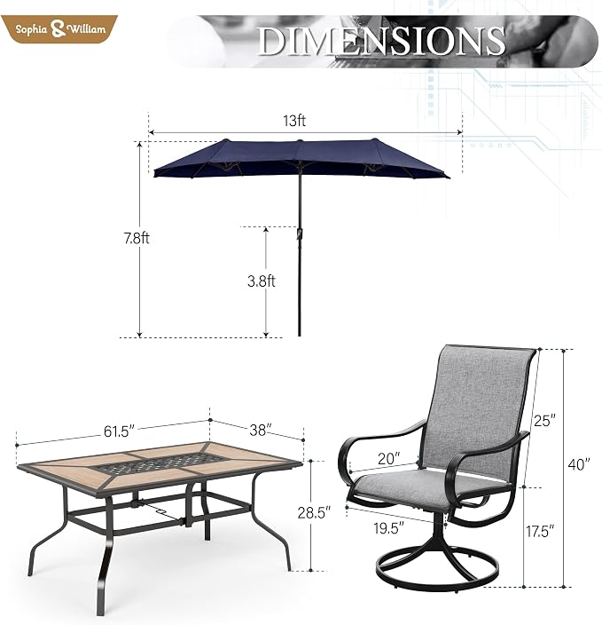 Sophia & William Patio Set with Umbrella Outdoor Dining Set for 6 with 13ft Umbrella Navy Blue, 6 x Patio Chairs Grey, 1 Wood Like Outdoor Dining Table for Deck Lawn Garden (No Umbrella Base)
