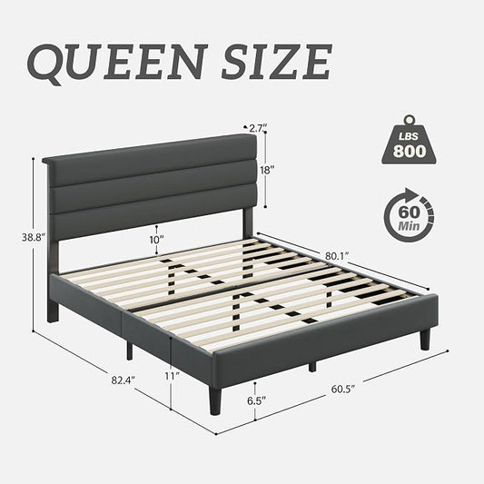 Fluest Queen Size Bed Frame, Platform Bed Frame with Velvet Upholstered Headboard, No Box Spring Needed, Sturdy Metal Support, Noise Free, Easy Assembly, Grey