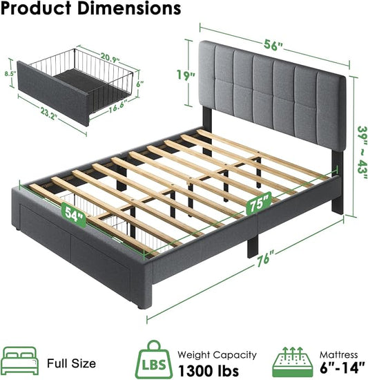 Marsail Full Bed Frame with 2 Storage Drawers, Sturdy & Durable with 12 Support Legs, 1300 lbs Capacity, Solid Wooden Upholstered Adjustable Headboard for 6″–12″ Mattresses, Easy Assembly, Dark Gray