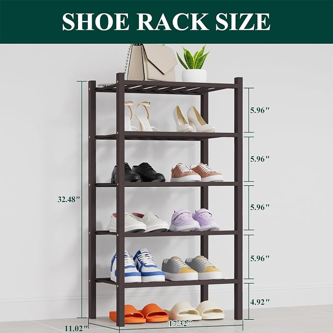 Smiry Small Bamboo Shoe Rack, 5 Tier Free Standing Wooden Shoe Organizer, Stackable Wood Shoe Storage Shelf for Closet, Entryway, 14 Vertical Slats, 2+2+1 Stack Thicker Legs, 17.3"x11"x32.5", Brown