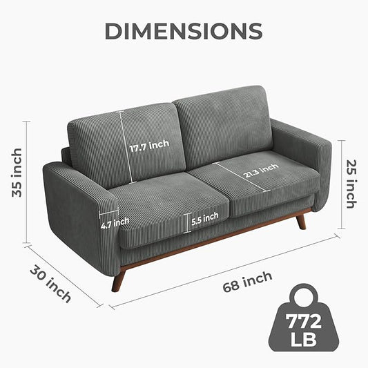 Vesgantti 68" Loveseat Sofa Dark Gray, Comfy Corduroy Couch with Spring Cushion and Solid Wood, Modern Extra Deep Seat for Bedroom, Living Room, Office