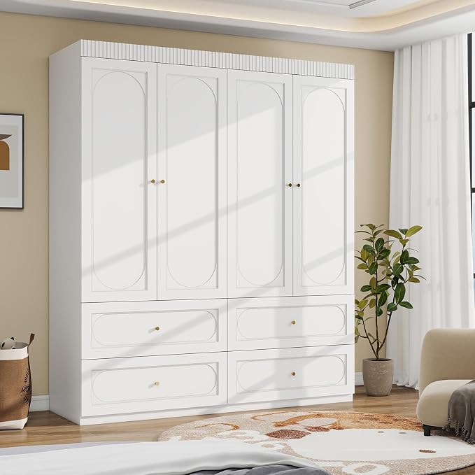 Armoire Wardrobe Closet with Drawers: 74 Inch Tall 4 Door Armoire Wardrobe Closet with 4 Drawers, Wood Modern Wardrobes Cabinet for Bedroom (White)