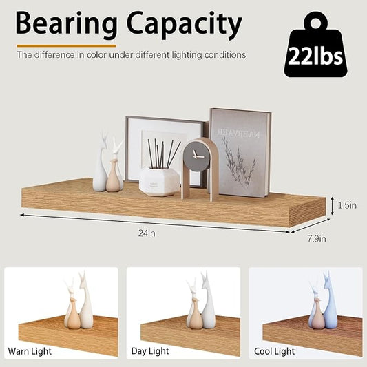 Oak Floating Shelves for Wall,24in Wall Mounted Display Ledge Shelves Perfect for Bedroom, Bathroom, Living Room and Kitchen Decoration Storage (Oak, Set of 2)