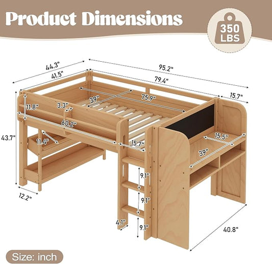 Bellemave Twin Size Low loft Bed with Desk and bookcases, Boxes and Drawers for Kids,Wood Modern Farmhouse Kids Loft Beds with Shelf, Natural