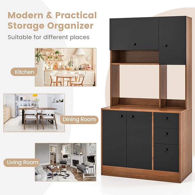 Giantex Kitchen Pantry, Buffet Hutch with 3 Storage Cabinet, 71'' Floor Large Cupboard with 3 Deep Drawers, Wide Countertop, Adjustable Shelves, Tall Sideboard (Walnut & Black)