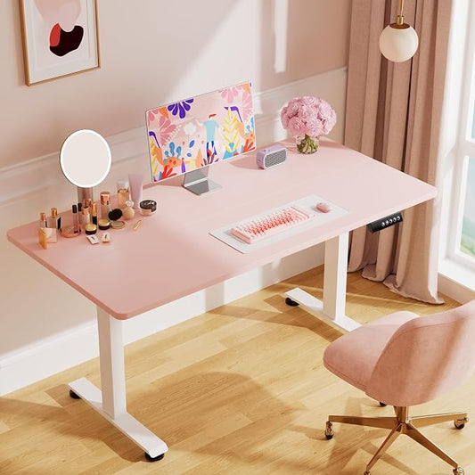 Veken 55 Inch Large Electric Standing Desk, 4 Memory Heights Adjustable,Sit to Stand Up, Work Home Office Computer Table for Study, Walking Pad, Writing, and Games, Wooden Desktop Desks, Pink