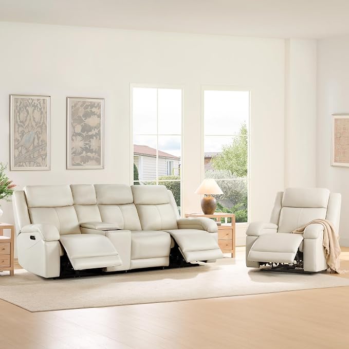 Watson & Whitely Genuine Leather Power Recliner Sofa, 3 Seater Wall Hugger Reclining Sofas with Storage Console, Power Headrest, USB, Electric Recliner Couch Set for Living Room, Cream