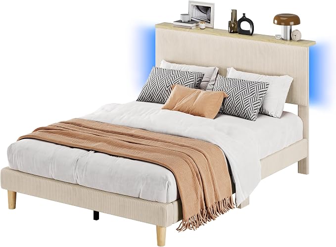 Bestier Twin Bed Frame with LED Lights& Shelf, Corduroy Upholstered Platform Bed with Adjustable Headboard, Solid Wood Legs, Noise-Free, Easy Assembly, Beige for Bedroom