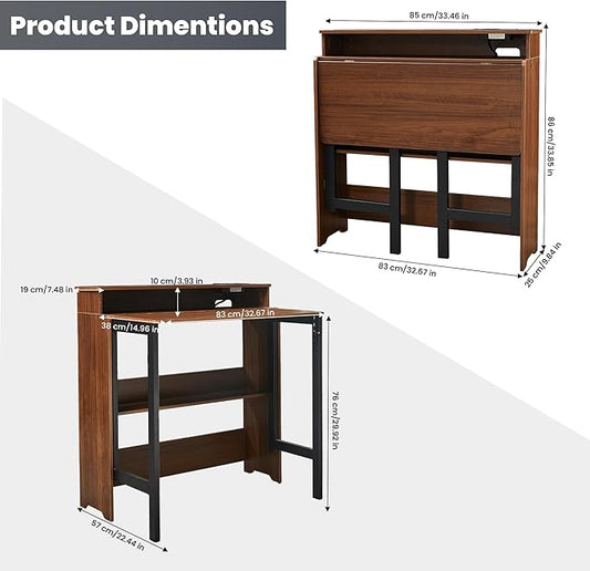 Fold Out Desk with Power Outlets, Small Foldable Table with Storage Shelf,Space-Saving Hidden Desk for Bedroom, Living Room & Office (Walnut)