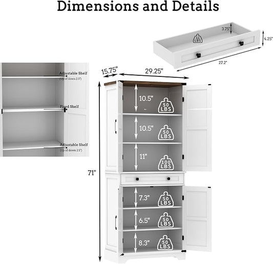 71" Tall Kitchen Pantry Storage Cabinet with Drawer & 4 Barn Doors, Freestanding Storage Cupboard with Adjustable Shelves, Large Capacity Floor Cabinet for Kitchen, Dining Room, Bathroom, White