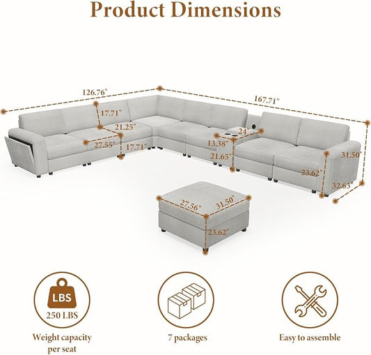 Vesgantti Oversized Modular Sectional Sofa, 8-Seater Chenille L Shaped Modular Couch with Ottoman, 2 Cup Holders, USB Port, Storage Box, Sectional Couches for Living Room, Meeting Room, Light Grey
