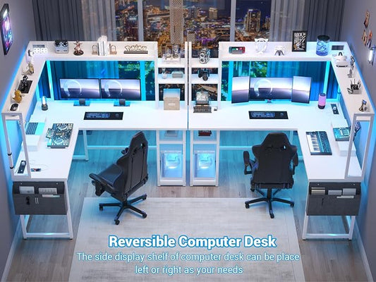 Aheaplus L Shaped Desk with Power Outlet, L Shaped Gaming Desk with Led Light & Hutch, Reversible Home Office Desk, Corner Computer Desk Writing Desk with Monitor Stand & Storage Shelves, White