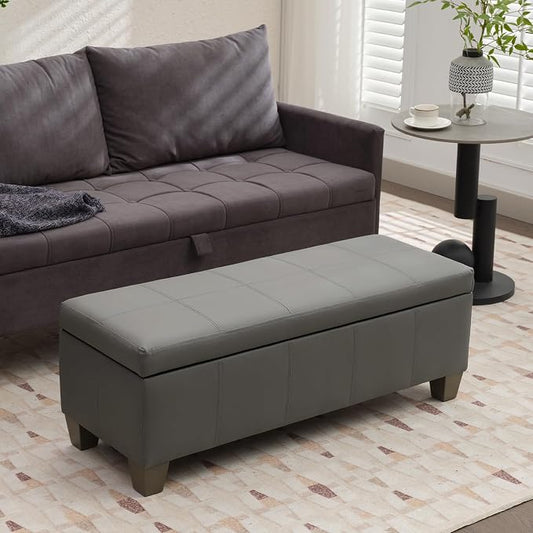 41" Storage Ottoman, Storage Bench with Safety Hinge, Upholstered Synthetic Leather Ottoman Bench for Bedroom, Living Room, Entryway, Hallway, Foot Rest, Support 500lbs, Grey