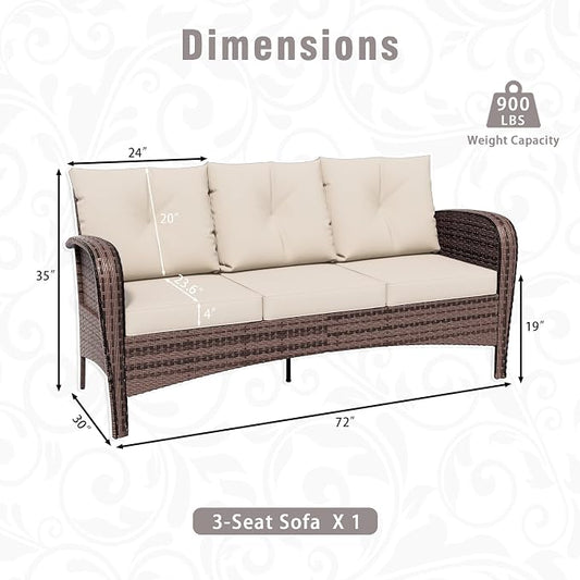Patio 3-Seater Sofa, PE Wicker Outdoor Lounge with Thick Removable Cushions, Rust-Proof Steel Frame, 900LBS Capacity, Beige