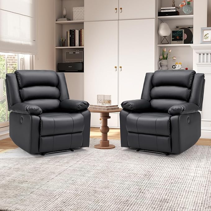 EBELLO Faux Leather Classic Power Recliner Chair, Oversized Electric Overstuffed Reclining Chair with Soft Cushion and Back, Sofa with Comfortable Armchair, Classic Black, 2Pcs