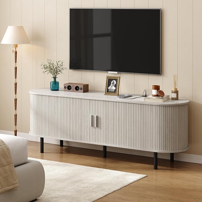 ONBRILL 63" TV Stand with Power Outlet for TVs up to 70 Inch, Entertainment Center with Storage and Adjustable Shelves, Modern Media Console with Sliding Doors for Living Room, Natural White