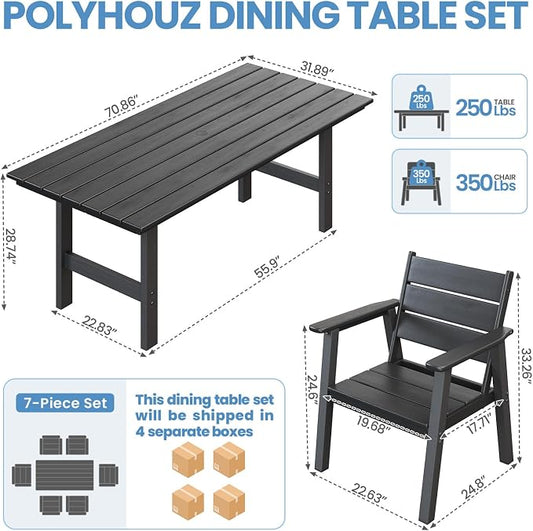 HDPE Outdoor Dining Table and Chairs, 7-Piece Patio Table and Chairs Set, Outdoor Dining Set for 6, All-Weather Dining Furniture Set with Umbrella Hole, Black