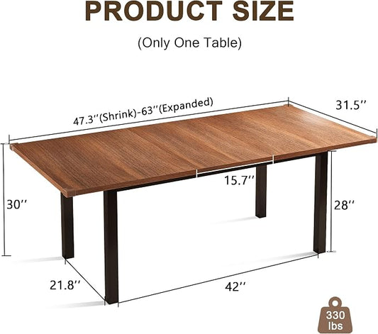 Einhomn Extendable Dining Table for 4-6, 63" Modern Kitchen Table, Farmhouse Dining Room Tables for Dining, Kitchen, Office, Living Room, Rectangular Wooden Tables, Space Saving (Walnut)