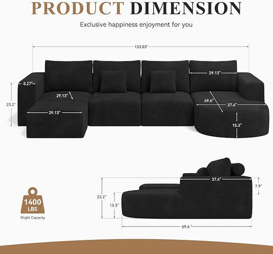134" Boneless Couches for Living Room,Large U-Shaped Modular Sectional Sofa with Convertible Ottoman,Modern Cozy Cloud Couch in a Box,Sponge Compression Deep Seat Sofas with Chaise,Black,1pcs