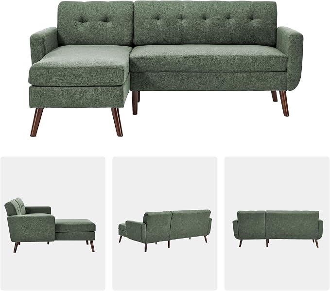Kingfun L Shaped Couch, 80" W Mid-Century Modern Sofa, Sectional Couches, 3 Seater Sofas with Wide Chaise Lounge, Button Tufted Upholstered Sectional Sofa for Living Room, Bedroom, Green