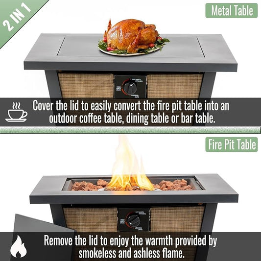28" Propane Gas Fire Pit Table, 50000 BTU Square Outdoor Fire Pit with Steel Tabletop & Textilene Base, Patio Fire Table with Lid, Lava Rocks & Rain Cover for Backyard Deck Garden, Brown