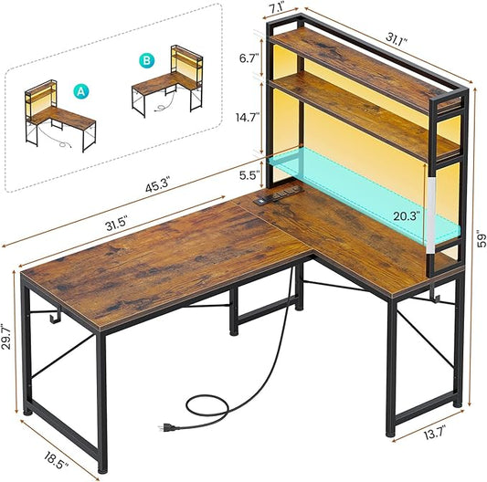 SEDETA L Shaped Desk with Hutch, 45.3” Reversible Home Office Desk, L Shaped Gaming Desk with LED Lights, Power Outlet, Storage Shelves and Hooks for Small Space, Rustic Brown