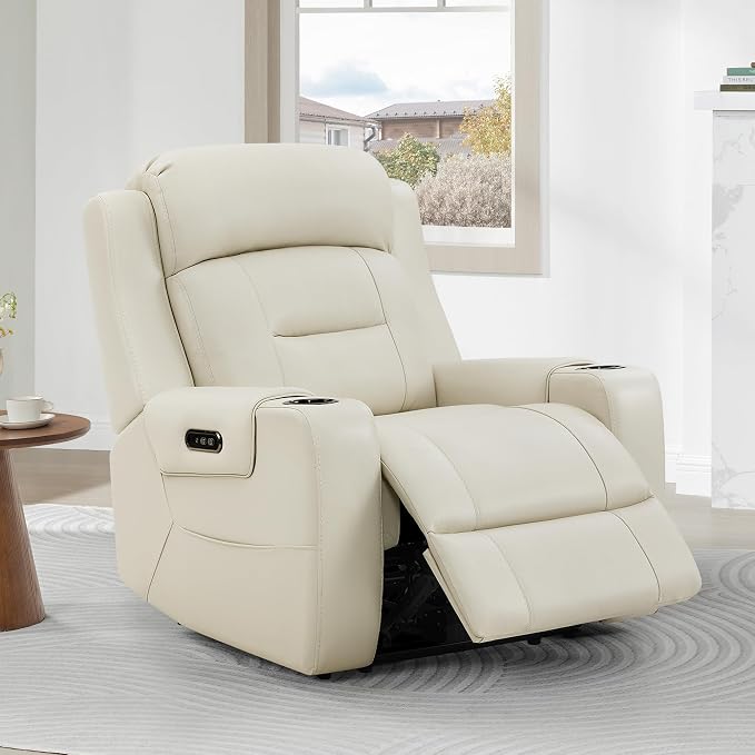 Watson & Whitely Oversized Genuine Leather Power Recliner Chairs for Big and Tall, Extra Wide Lay Flat Recliner with Power Headrest & Cup Holders, Electric Reclining Sofa for Living Room, Cream