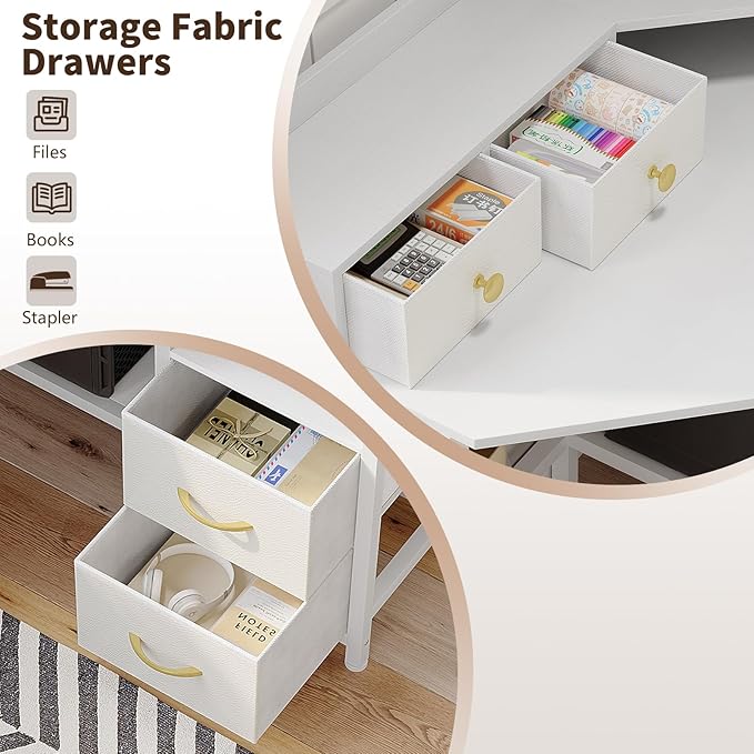 VENNQD Corner Desk with 6 Drawers Shelves for Small Space Computer Desk with Power Outlets,Gaming Desk with Printer Monitor Stand Storage for Home Office Workstation Writing Table (White, 31.5)