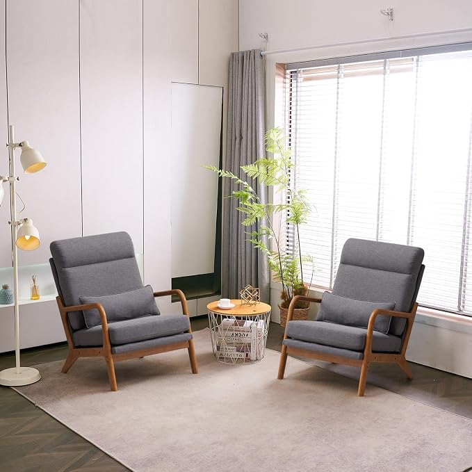 Karl home Accent Chair High Back Mid-Century Modern, Gray | Linen Fabric Upholstered, Walnut Color Solid Rubber Wood Frame, Soft Cushion with Pillow, For Living Room, Bedroom, Balcony