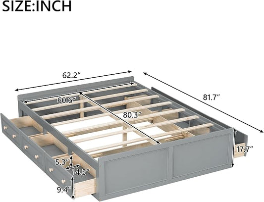 Merax Wood Queen Size Platform Bed Frame with 6 Drawers, Storage Bed Frame Without Headboard for Kids Teens and Adults, Gray