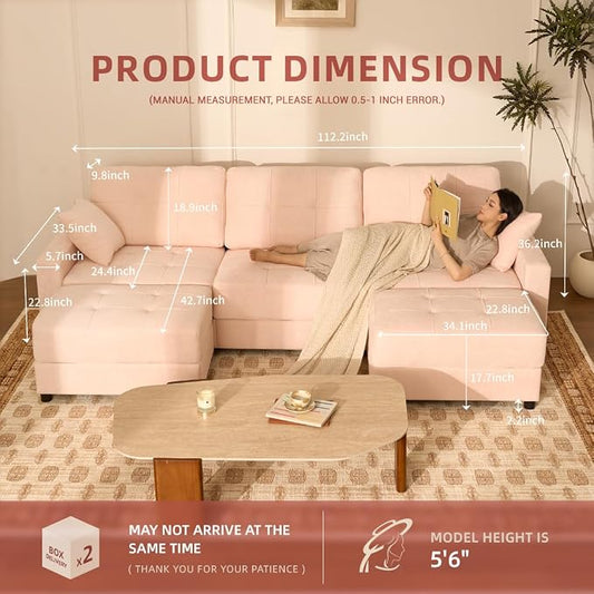 112" U Shaped Modular Cloud Sectional Couch, Waffle Fabric, Pink | Modular Deep Seat Sofa, Movable Ottoman, Pocket Spring Cushions, 2-Box Delivery, Living Room Lounge Use, Not Boneless