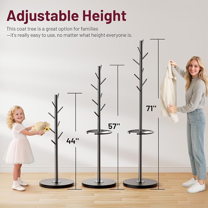 SLEEPING LAMB Coat Rack Freestanding with Umbrella Holder, Coat Hanger Stand with Wood Base Fits Entryway, Living Room, Bedroom, Office, Clothes Tree Holder with 8 Hooks for Jackets, Hats, Bags, Black