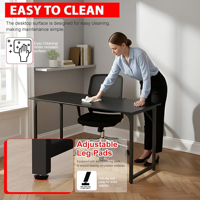 PayLessHere | 55 Inch Computer Desk | Black | Office Desk with Metal Frame, Adjustable Feet | Water-Resistant, Scratchproof Surface | Sturdy Writing Table for Home Office or Study | Pack of 1