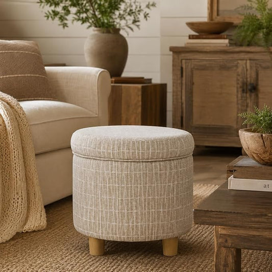 HomePop 19" Round Storage Ottoman - Tan Geometric Pattern